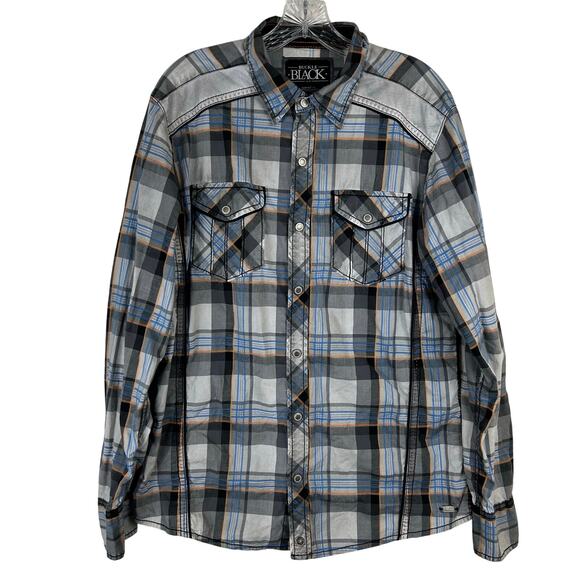 Buckle Black Mens Snap Front Shirt Size Large Long Sleeve Plaid Western Flaw - Picture 1 of 8